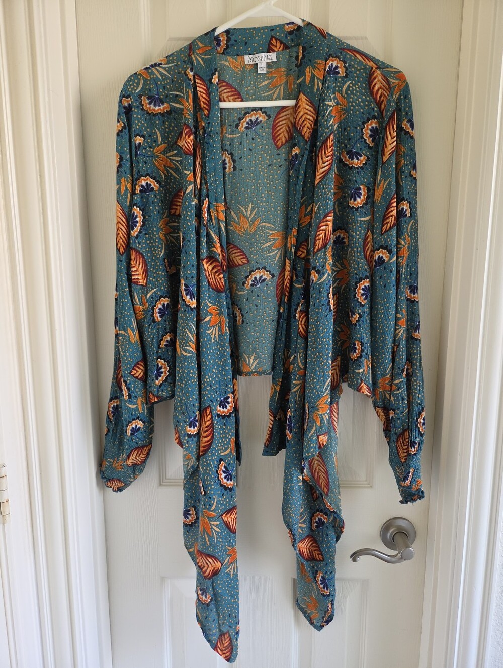 Patrons of Peace Teal Orange Floral Paisley Tie Front Boho Blouse Kimono L